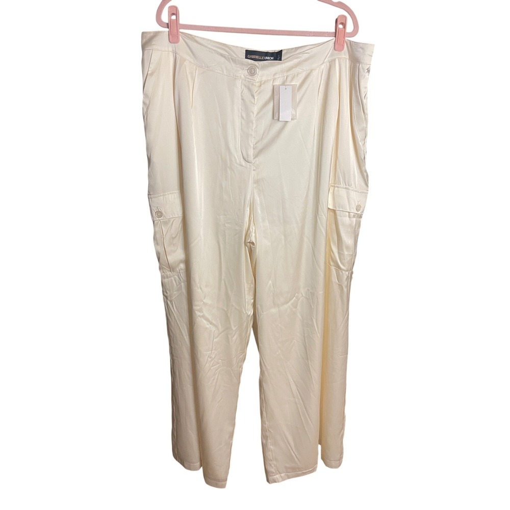 NWT Gabrielle Union Satin Cargo Pants Cream Wide Leg Trousers Career Size 2X